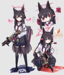  1girl absurdres animal_ears assault_rifle black_footwear black_gloves black_sailor_collar black_skirt black_thighhighs blue_archive chibi chibi_inset closed_mouth ear_protection fox_ears gloves grey_background gun hair_between_eyes highres kneeling long_hair looking_at_viewer multiple_views neckerchief odmised red_eyes red_gloves red_neckerchief rifle sailor_collar school_uniform serafuku simple_background sketch skirt solo thighhighs throat_microphone two-tone_gloves weapon weapon_case white_serafuku yukino_(blue_archive) 