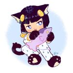  1boy animal_ear_fluff animal_hands black_hair blue_eyes bob_cut bruno_bucciarati cat_boy cat_feet cat_tail chibi commentary commission english_commentary highres jojo_no_kimyou_na_bouken kitchupsandwich long_sleeves male_focus open_mouth pants shirt short_hair signature solo stuffed_animal stuffed_fish stuffed_toy tail white_pants white_shirt 