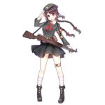  1girl beret black_footwear black_skirt boots braid breasts brown_hair colored_shoe_soles footwear_ornament full_body girls&#039;_frontline green_headwear green_jacket gun hat hat_ornament holding holding_weapon jacket kan_(rainconan) large_breasts leg_wrap long_hair long_sleeves looking_at_viewer military military_uniform neckerchief official_art open_mouth purple_eyes red_armband red_neckerchief rifle salute shirt simple_background skirt solo standing star_(symbol) star_hat_ornament thigh_strap transparent_background twin_braids type_56_carbine type_56_carbine_(girls&#039;_frontline) uniform weapon white_shirt 