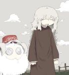  1girl @_@ animal arms_at_sides bags_under_eyes baseball_cap brown_dress closed_eyes clothed_animal cloud curly_hair day dress fence field grey_hair grey_sky hat highres long_hair long_sleeves open_mouth original outdoors sheep sky solo standing torosakana wavy_mouth wooden_fence 