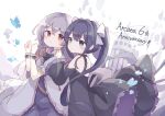  2girls absurdres anniversary arcaea bare_shoulders black_bow black_bowtie black_dress blue_butterfly blue_eyes blush bow bowtie bug butterfly closed_mouth colon_br copyright_name day debris dress floating grey_hair hair_between_eyes hair_bow hand_on_another&#039;s_shoulder highres hikari_(arcaea) jacket long_hair long_sleeves looking_at_another looking_at_viewer multiple_girls off-shoulder_dress off_shoulder open_clothes open_jacket outdoors purple_dress purple_hair red_eyes sidelocks simple_background smile tairitsu_(arcaea) twintails white_background white_bow white_jacket white_wrist_cuffs 