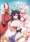  3girls :3 adjusting_clothes adjusting_swimsuit ahoge akumi_(yoclesh) animal_ears bare_legs bare_shoulders barefoot beach bell bench bikini black_choker black_hair black_nails black_one-piece_swimsuit braid braided_sidelock breasts cat_ears choker cleavage closed_mouth collarbone colored_inner_hair colored_skin criss-cross_halter double-parted_bangs downblouse drink drinking_straw english_commentary fingernails from_above groin hair_between_eyes hair_over_shoulder halterneck hand_on_another&#039;s_shoulder hands_up highleg highleg_bikini highres horns indie_virtual_youtuber knees_together_feet_apart large_breasts leaning_forward leaning_to_the_side licking_lips light_blush long_fingernails long_hair looking_at_viewer magenta_hair medium_breasts medium_hair momote momote_(vtuber) multicolored_hair multiple_girls multiple_scars nano_(nanoless) navel neck_bell ocean one-piece_swimsuit one_eye_closed oni_horns open_mouth pink_hair pointy_ears red_bikini red_eyes red_nails red_skin sand scar side-tie_bikini_bottom sitting skindentation smile standing standing_on_one_leg strap_pull streaked_hair string_bikini swimsuit tail thigh_gap thigh_strap toes tongue tongue_out two-tone_bikini w water white_hair yellow_eyes 