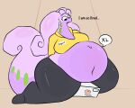  anthro belly big_belly bodily_fluids breasts clothed clothing dessert doughnut english_text eyelashes female food generation_6_pokemon goodra hi_res navel nintendo overweight overweight_anthro overweight_female pokemon pokemon_(species) purple_body solo swallowpancakes sweat sweatdrop tail text thick_tail 