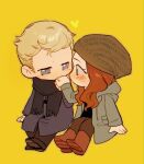  1boy 1girl black_scarf blonde_hair blue_eyes blush boots brown_footwear brown_hair brown_headwear brown_pants buttons chibi coat couple green_eyes grey_coat hand_up hat heart hetero holding holding_hands hood hooded_coat long_hair long_sleeves looking_at_another marvel marvel_cinematic_universe no_mouth open_clothes open_coat pants pocket purple_coat qin_(7833198) scarf shoes short_hair simple_background sitting vision_(marvel) wanda_maximoff wandavision yellow_background 