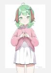  1girl :3 adapted_costume ahoge animal_ears artist_name blush closed_mouth cowboy_shot dated dog_ears dress green_eyes green_hair highres kasodani_kyouko long_sleeves looking_at_viewer namauni pink_dress short_eyebrows short_hair signature solo touhou two-tone_background white_dress 