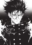  1boy blood blood_on_face closed_mouth glasses gradient_background greyscale highres jacket looking_at_viewer male_focus monochrome round_eyewear sakanaokashi short_hair solo spiked_hair trigun upper_body v-shaped_eyebrows vash_the_stampede 