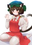  1girl animal_ears bow bowtie brown_eyes brown_hair cat_day cat_ears cat_tail chen closed_mouth commentary_request earrings full_body green_headwear hat heart highres jewelry juliet_sleeves long_sleeves mob_cap multiple_tails puffy_sleeves red_nails red_skirt red_vest seiza shirt short_hair simple_background single_earring sitting skirt smile solo tail thighhighs touhou two_tails vest white_background white_bow white_bowtie white_shirt white_thighhighs yomogi_0001 