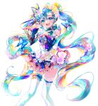  1girl :d aqua_eyes aqua_hair aqua_nails arm_tattoo blue_butterfly bug butterfly detached_sleeves feet_out_of_frame flower flower_skirt hair_between_eyes hair_flower hair_ornament hand_on_own_chest hands_up hatsune_miku highres long_hair looking_at_viewer multicolored_hair open_mouth rainbow_hair shirayuki_towa smile solo tattoo thigh_strap thighhighs twintails very_long_hair vocaloid white_background white_thighhighs 