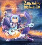  1girl album_cover album_cover_redraw apron arm_up blue-eyes_white_dragon blue_hair cover derivative_work dragon_girl dragon_horns electric_guitar english_text fire full_body guitar hatano_kiyoshi highres horns instrument japanese_clothes kimono laundry_dragonmaid looking_at_viewer maid parody real_life solo the_melody_of_awakening_dragon wa_maid yellow_eyes yngwie_malmsteen yu-gi-oh! 