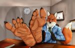  2023 5_fingers 5_toes anthro award barefoot black_claws black_nose black_tie_(suit) blacksad book brown_body brown_ceiling brown_fur brown_wall canid canine ceiling chair claws clock clothing countershade_face countershade_feet countershading crossed_feet crossed_legs desk feet feet_on_desk finger_claws fingers fluffy fluffy_tail foot_fetish foot_focus fox fur furniture grey_necktie hi_res humanoid_feet humanoid_hands inside looking_at_viewer male mammal necktie on_chair orange_body orange_feet orange_fur orange_soles picture_frame plantigrade prick_ears red_book robinthefox shadow sitting sitting_on_chair solo spread_toes suit table tail toe_claws toes wall_(structure) white_body white_ears white_fur wood wood_desk wood_furniture wrinkle wrinkled_feet wrinkled_soles wrinkles 