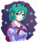  1girl aged_up antennae aqua_eyes aqua_hair aqua_pupils breast_pocket buttons cape collarbone dress_shirt eyelashes fireflies hair_between_eyes highres pocket purple_cape purple_shirt shirt short_hair solo touhou upper_body wriggle_nightbug zawabug 