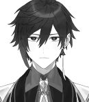  1boy closed_mouth coat commentary_request earrings expressionless genshin_impact greyscale hair_between_eyes highres jewelry looking_at_viewer male_focus monochrome necktie poi_poifu portrait simple_background single_earring solo tassel tassel_earrings zhongli_(genshin_impact) 