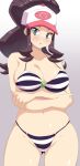  1girl :o arms_under_breasts ass_visible_through_thighs baseball_cap bikini black_bikini blue_eyes blush breasts brown_hair cleavage collarbone commentary_request crossed_arms curvy gradient_background hat highres hilda_(pokemon) kihaiu large_breasts long_hair midriff navel nintendo open_mouth pokemon sidelocks simple_background solo standing striped striped_bikini swimsuit thighs white_bikini 