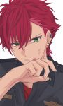  1boy blood collared_shirt commentary_request ear_piercing earrings fingernails green_eyes hand_up helios_rising_heroes highres injury jewelry male_focus otori_akira parted_lips partial_commentary piercing red_hair sekina shirt short_hair simple_background solo upper_body white_background 