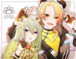  1boy 1girl animal_ears animal_hood bear_ears black_gloves black_shirt blonde_hair bow bowtie claw_pose denka_kumaneko_(project_sekai) dress earrings fingerless_gloves food fruit fur-trimmed_gloves fur_trim gloves green_bow green_bowtie green_dress hands_up highres hood jewelry kusanagi_nene little_strawbearry_(project_sekai) long_hair low_ponytail open_mouth panda_hood project_sekai shirt simple_background strawberry t_nvv tenma_tsukasa very_long_hair white_background white_headwear yellow_eyes yellow_shirt 