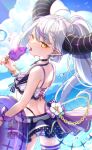  1girl braid braided_bangs choker food highres hololive horns innertube la+_darknesss multicolored_clothes multicolored_hair multicolored_swimsuit neko_no_fuji pointy_ears ponytail popsicle purple_hair ribbon striped_horns swimsuit virtual_youtuber yellow_eyes 