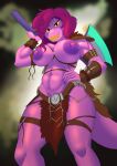  absurd_res angelogoat666 axe belt bone breasts clenched_teeth clothed clothing crocodilian deltarune female hair hi_res leather lizard long_hair muscular reptile sash scalie shoulder_pads solo susie_(deltarune) teeth topless tribal undertale_(series) 