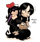  2girls :3 absurdres animal_on_lap bare_shoulders black_dress black_hair breasts cat closed_eyes dress fluffy hand_on_another&#039;s_shoulder highres kitten kneeling large_breasts long_dress long_hair multicolored_hair multiple_girls noss_&amp;_zakuro noss_(rariatto) on_lap rariatto_(ganguri) sleeping streaked_hair wavy_mouth white_hair zakuro_(rariatto) 