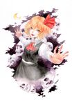  1girl ascot black_skirt black_vest blonde_hair collared_shirt cowboy_shot crescent_moon johnalay long_sleeves looking_at_viewer moon open_mouth painting_(medium) red_ascot red_eyes rumia shirt short_hair signature skirt skirt_set skull solo t-pose teeth touhou traditional_media upper_teeth_only vest watercolor_(medium) white_shirt 