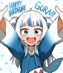  1girl animal_costume animal_hood blue_eyes blue_hair blue_hoodie blunt_bangs ddolbang english_text gawr_gura grey_hair hair_ornament happy_birthday highres hololive hololive_english hood hoodie long_hair looking_at_viewer multicolored_hair shark_costume shark_hair_ornament shark_hood shark_print sharp_teeth smile teeth virtual_youtuber 