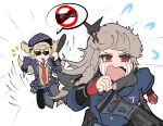  2girls absurdres atf award_ribbon baton_(weapon) belt_pouch blazer blonde_hair blowing_whistle blue_headwear blue_jacket blue_skirt brown_sweater_vest chasing clenched_hands commentary crying dsx english_commentary fingerless_gloves flying_sweatdrops girls&#039;_frontline gloves gun gun_sling hair_ornament hand_up hat highres holding holding_weapon jacket light_brown_hair long_hair long_sleeves meme miniskirt multiple_girls necktie no_pupils notice_lines open_mouth peaked_cap pleated_skirt police police_uniform policewoman pouch red_eyes red_gloves red_necktie running shoulder_stock simple_background single_horizontal_stripe sketch skirt sp9_(girls&#039;_frontline) speed_lines spoken_no_symbol spoken_object streaming_tears stribog_sp9 sunglasses super-shorty_(girls&#039;_frontline) sweater_vest tears two_side_up uniform v-shaped_eyebrows wavy_mouth weapon whistle white_background 