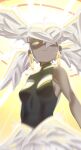  absurdres ahoge blurry breasts commentary dark-skinned_female dark_skin earrings english_commentary expressionless hair_over_one_eye highres hoop_earrings jewelry nicuoi original quad_tails ringed_eyes shaded_face sideboob sleeveless sleeveless_turtleneck small_breasts sparkle turtleneck white_hair yellow_eyes 