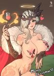  absurdres alcohol blonde_hair blue_eyes breast_rest breasts cape christmas cup drinking_glass elbow_gloves fire fur-trimmed_cape fur_trim genshin_impact gloves halo heart heart-shaped_ornament heart_tattoo highres hip_tattoo large_breasts leg_tattoo light_smile lips lipstick maebari makeup mask_over_one_eye merry_christmas nail_polish naked_cape navel nipple_jewelry nipple_piercing nipples nude parted_lips piercing pyrokinesis ranger_squirrel red_cape red_lips red_nails shoulder_tattoo signora_(genshin_impact) sitting smile spoken_heart stomach_tattoo tattoo telekinesis wine wine_glass 