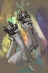  abstract_background ambiguous_gender anthro between_toes canid canine canis claws crossed_legs digitigrade disembodied_foot disembodied_hand feet foot_grab fur hi_res lily_(atrumpet) mammal pawpads paws solo toes white_body white_fur wolf 