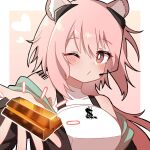  1girl :3 animal_ear_fluff animal_ears arknights barcode barcode_tattoo bare_shoulders black_jacket blush collarbone covered_collarbone gold_bar gravel_(arknights) hair_between_eyes jacket looking_at_viewer off_shoulder one_eye_closed pink_eyes pink_hair rinzy shirt short_hair shoulder_blush sleeveless sleeveless_shirt tattoo upper_body white_shirt 