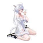  1girl :d absurdres animal_ear_fluff animal_ears bangle between_legs bracelet breasts cat_ears cat_girl cat_tail claw_pose cleavage collared_shirt commission dress_shirt final_fantasy final_fantasy_xiv full_body grey_hair hair_between_eyes hand_between_legs hand_up highres jewelry long_hair medium_breasts miqo&#039;te nail_polish naked_shirt off_shoulder orange_eyes ponta_(velmar) red_nails shirt shoes short_sleeves simple_background sitting skeb_commission smile solo tail very_long_hair wariza white_background white_footwear white_shirt wide_sleeves 