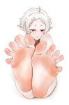  1girl absurdres ahoge barefoot elf feet foot_focus highres knees_up mushoku_tensei pointy_ears presenting_foot red_eyes shirow_(mha03133) short_hair sitting soles solo spread_toes sylphiette_(mushoku_tensei) toes white_hair 