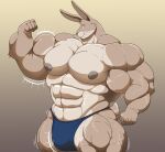  5_fingers anthro blue_clothing blue_underwear body_size_growth bulge clothing cotton_tail fingers flexing_bicep fur gradient_background growth hi_res huge_abs huge_biceps huge_pecs huge_quads humanoid_hands lagomorph leporid long_ears looking_at_viewer male mammal muscle_growth muscular muscular_anthro muscular_male muscular_thighs nipples rabbit simple_background size_transformation solo tan_body tan_fur transformation underwear xxsparcoxx 