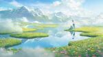  1boy 1girl artist_name black_hair blue_dress blue_sky cloud cloudy_sky dress field flower flower_field hands_on_own_hips highres howl_(howl_no_ugoku_shiro) howl_no_ugoku_shiro lake looking_at_another mountain on_grass reflection scenery shirt sitting sky sophie_(howl_no_ugoku_shiro) standing stephen_njoto studio_ghibli white_hair white_shirt 