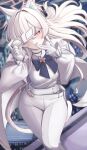  1girl akira_(blue_archive) animal_ears blue_archive breasts cafenami cat_ears cat_tail coat eye_mask gloves highres large_breasts long_hair long_sleeves looking_at_viewer pants red_eyes solo tail white_coat white_gloves white_hair white_pants 