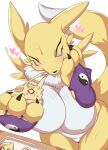  &lt;3 anthro bandai_namco big_breasts blush breasts canid canine digimon digimon_(species) eating featureless_crotch female food fur hi_res mammal nude pizza renamon simple_background solo sya white_background white_body white_fur yellow_body 