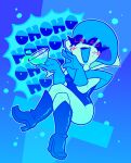  1girl acid blue_background blue_footwear blue_gloves blush cup deltarune english_text gloves highres holding holding_cup humanoid_robot kcdoos laughing open_mouth queen_(deltarune) robot robot_girl sitting undertale 