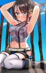  1girl absurdres armpits arms_up belt black_footwear blue_eyes blue_shorts blue_sky blush boots breasts brown_hair cropped_shirt cuffs futoshi_tanaka grey_shirt hair_ornament hairclip handcuffs highres hololive large_breasts looking_at_viewer navel oozora_subaru oozora_subaru_(2nd_costume) shirt short_hair short_shorts shorts sky sleeveless sleeveless_shirt solo star_(symbol) star_hair_ornament sweat swept_bangs thighhighs virtual_youtuber white_belt white_thighhighs 