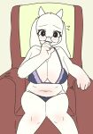  anthro big_breasts boss_monster bovid bra breasts caprine chair clothing eyewear female front_view furniture glasses goat hi_res horn kemono lingerie long_ears mammal mature_female mikeyama on_chair round_glasses sitting sitting_on_chair slightly_chubby solo thong toriel undertale undertale_(series) underwear 