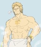  1boy bandaid bandaid_on_cheek bandaid_on_face bara blonde_hair blue_background chest_tattoo closed_eyes closed_mouth commentary_request facial_hair goatee hand_on_own_hip jacob_(housamo) long_sideburns male_focus mature_male muscular muscular_male musical_note sanwari_(aruji_yume) short_hair sideburns simple_background smile solo spoken_musical_note steam tattoo tokyo_afterschool_summoners towel_around_waist upper_body white_towel 