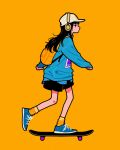  1girl backpack bag bandaid bandaid_on_knee bandaid_on_leg baseball_cap black_hair blue_footwear blue_sweater full_body hat headphones highres long_hair long_sleeves orange_background orange_bag orange_socks original print_sweater profile purple_eyes shoes simple_background skateboard skateboarding socks solo standing sweater white_headwear yoshi_mi_yoshi 