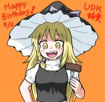  1girl black_headwear black_vest blonde_hair blush bow breasts brownie_(food) bseibutsu character_name commentary_request cookie_(touhou) fork hair_bow happy_birthday hat hat_bow holding holding_fork kirisame_marisa long_hair looking_at_viewer medium_bangs open_mouth orange_background puffy_short_sleeves puffy_sleeves purple_bow shirt short_sleeves simple_background small_breasts smile solo touhou translation_request turtleneck upper_body uzuki_(cookie) vest white_shirt witch_hat yellow_eyes 