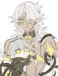  1boy 1other aged_down baby black_choker black_jacket bracelet braid caelus_(honkai:_star_rail) choker dark_skin grey_hair hair_over_one_eye holding_baby honkai:_star_rail honkai_(series) hood hood_down jacket jewelry male_child muscular nanook_(honkai:_star_rail) one_eye_covered san_ystr sketch trailblazer_(honkai:_star_rail) white_background white_hair yellow_eyes 