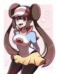  1girl blue_eyes blush brown_hair crossed_arms doughnut_hair_bun hair_bun happy hat heart highres looking_at_viewer open_mouth pantyhose pink_background pokemon pokemon_(game) pokemon_bw2 rosa_(pokemon) shirt smile solo touyarokii 