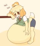  animal_crossing anthro belly big_belly blonde_hair blush bottomwear breasts breath canid canine canis clothing domestic_dog female fur hair hi_res hyper hyper_belly isabelle_(animal_crossing) mammal nintendo panting pompuffy_(artist) shih_tzu shirt shorts smile solo sound_effects standing tail text topwear toy_dog yellow_body yellow_fur 