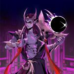  1boy abs absurdres alternate_costume aphelios ball black_background black_sclera collarbone colored_sclera colored_skin cowboy_shot fingernails hands_up highres jjolee league_of_legends long_hair magic male_focus nightbringer_aphelios pink_background pink_eyes pointy_ears purple_hair sharp_fingernails solo 