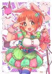  1girl :d abe_nana absurdres animal_ears blush breasts brown_eyes cowboy_shot dress fake_animal_ears frilled_dress frills hairband highres holding holding_microphone idol_clothes idolmaster idolmaster_cinderella_girls medium_breasts microphone microphone_stand open_mouth orange_hair ponytail rabbit_ears semiyagi3 short_hair smile solo thighhighs v wrist_cuffs 