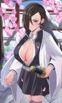  1girl absurdres alternate_costume black_hair breasts brown_eyes cleavage coat cosplay dress fire_emblem fire_emblem_fates hair_over_one_eye highres kagero_(fire_emblem) kanroji_mitsuri kanroji_mitsuri_(cosplay) kimetsu_no_yaiba large_breasts long_hair long_sleeves looking_at_viewer peli_cantaro ponytail serious sheath sheathed short_dress solo sword weapon white_coat zettai_ryouiki 