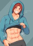  1girl abs absurdres blush clothes_lift collarbone harurukan highres hood hood_up hoodie muscular muscular_female navel nose_blush original red_eyes red_hair short_hair simple_background smile solo sweat teeth translation_request 