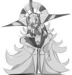  10mo 1girl braid breasts cape cloak clothing_cutout earrings fate/grand_order fate_(series) fur-trimmed_cape fur-trimmed_cloak fur_trim grey_cape horns huge_horns jewelry long_braid long_hair long_horns looking_at_viewer navel olga_marie_animusphere open_mouth side_braid single_horn slav_squatting solo squatting stomach_cutout striped_bodysuit u-olga_marie very_long_hair white_hair 