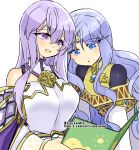  2girls :&lt; bare_shoulders blue_eyes book breasts circlet dress fire_emblem fire_emblem:_genealogy_of_the_holy_war fire_emblem:_thracia_776 holding holding_book julia_(fire_emblem) long_hair looking_at_another multiple_girls open_mouth purple_eyes purple_hair sara_(fire_emblem) yukia_(firstaid0) 